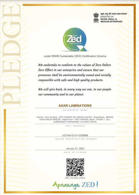 Axar lamination - Zed scheme Certificate